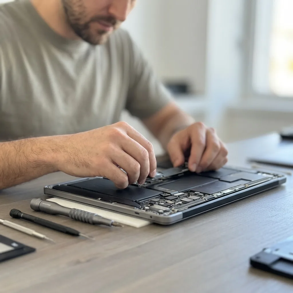 Technik vyměňuje komponenty v otevřeném notebooku na servisním stole